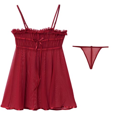 1/19新作!シアーフリルチュールベビードール(ワインレッド-フリー)