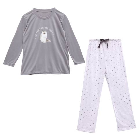 3/20新作!キャットモチーフ長袖トップス&ドットロングパンツルームウェア(チャコール-M)