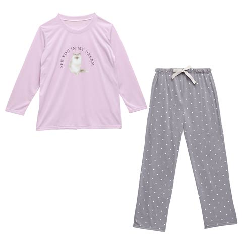 3/20新作!キャットモチーフ長袖トップス&ドットロングパンツルームウェア(ピンク-M)