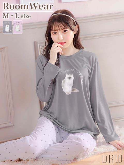 3/20新作!キャットモチーフ長袖トップス&ドットロングパンツルームウェア