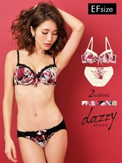 【大きいサイズ】フェイクリボン付Rose柄シフォンブラジャー&ショーツ/下着