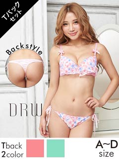 サマーフラワーレースブラジャー&サイド紐Tバックショーツ