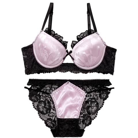 4/3新作!グロッシーサテンレース育乳脇高ブラジャー&バック透けフルバックショーツ[推し](パープル-A65/ショーツM)