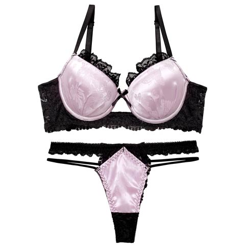 4/3新作!【Tバック】グロッシーサテンレース育乳脇高ブラジャー&バック透けTバックショーツ[推し](パープル-A65/ショーツM)
