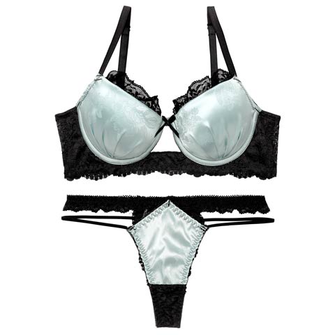 4/3新作!【Tバック】グロッシーサテンレース育乳脇高ブラジャー&バック透けTバックショーツ[推し](ミント-A65/ショーツM)