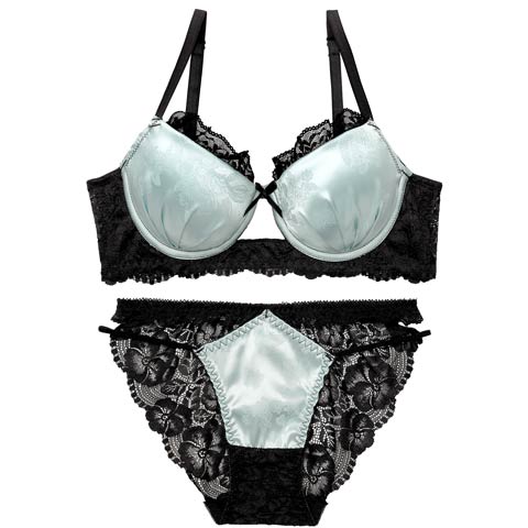 4/3新作!【EFサイズ】グロッシーサテンレース育乳脇高ブラジャー&バック透けフルバックショーツ[推し](ミント-E65/ショーツM)