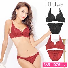 シャイニーフラワーコードレースxマットサテンブラジャー＆フルバックショーツ