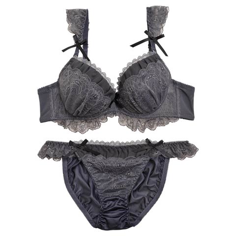 レーシィフリル×チュールブラジャー&フルバックショーツ(グレー-A70/ショーツM)