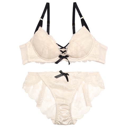 12/4再販!スモーキーレースアップブラジャー&バック透けフルバックショーツ(アイボリー-A70/ショーツM)