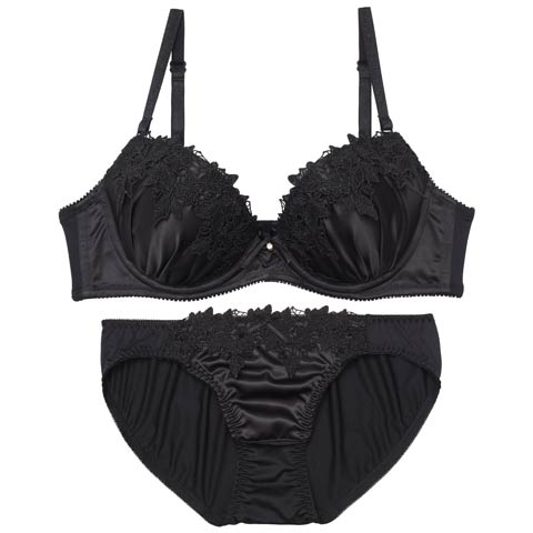 マットサテンケミカルレースブラジャー&フルバックショーツ[推し][人気](ブラック-B65/ショーツM)