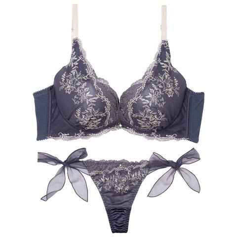 7/9新作!【Tバック】カシュクールアイビーチュール育乳ブラジャー&サイド紐Tバックショーツ[推し](ブルー-A70/ショーツM)