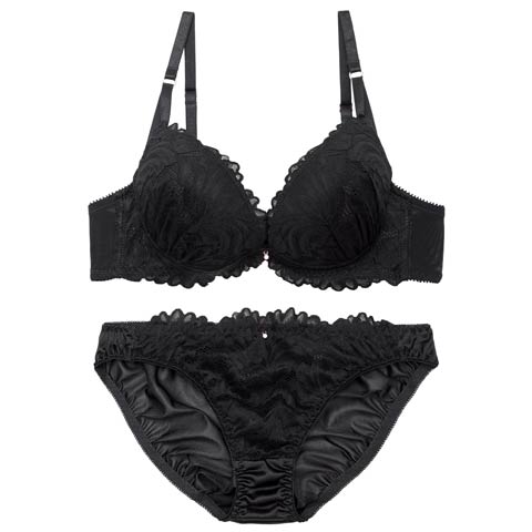 9/9再販!エレガントレーシィリッチブラジャー&フルバックショーツ[推し](ブラック-B65/ショーツM)