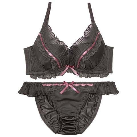 11/8再販!ラブリープリーツフリル育乳ブラジャー&フルバックショーツ[推し](チャコール-A70/ショーツM)