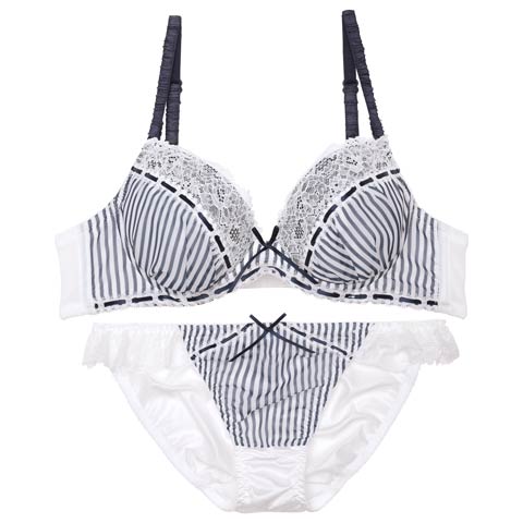 8/20新作!ガーリーストライプレースブラジャー&フルバックショーツ[推し](ネイビー-A70/ショーツM)
