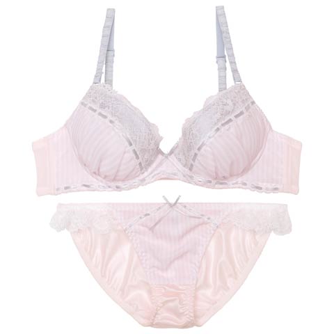 8/20新作!ガーリーストライプレースブラジャー&フルバックショーツ[推し](ピンク-A70/ショーツM)