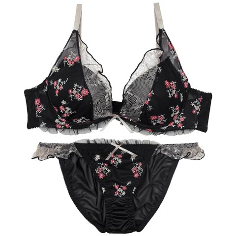 8/22新作!フローラルガーリーフリルブラジャー&フルバックショーツ[推し](ブラック-A70/ショーツM)