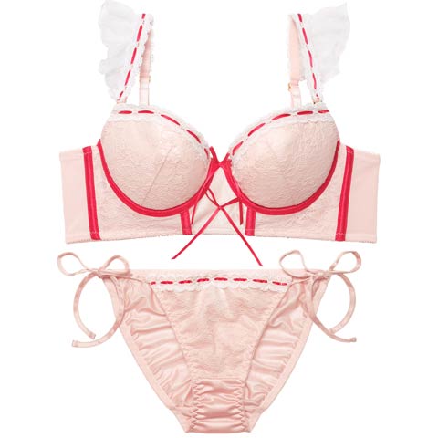 12/5新作!スウィートリボンビスチェ育乳脇高ブラジャー&サイド紐フルバックショーツ[推し](ピンク-A70/ショーツM)