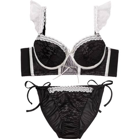 12/5新作!スウィートリボンビスチェ育乳脇高ブラジャー&サイド紐フルバックショーツ[推し](ブラック-A70/ショーツM)