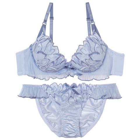 【EFサイズ】ペタルプリーツフリルブラジャー&フルバックショーツ[推し](ブルー-E65/ショーツM)