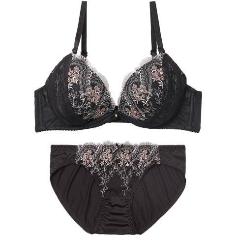 11/24新作!エレガントチュールブーケブラジャー&フルバックショーツ[推し][人気](ブラック-B65/ショーツM)