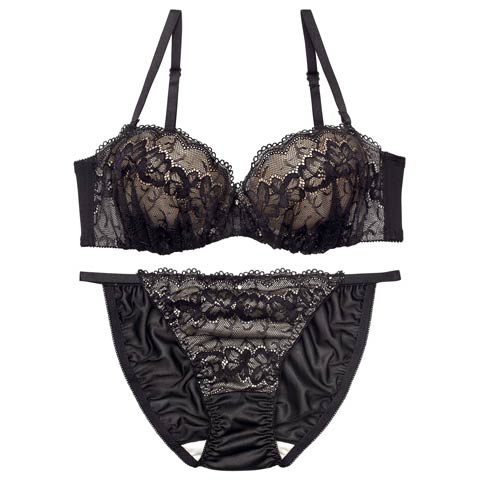 9/29新作!【EFサイズ】ヌーディノーブルレースブラジャー&フルバックショーツ[推し](ブラック-E65/ショーツM)