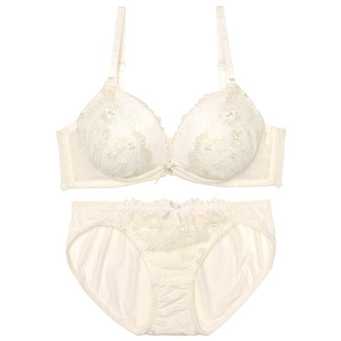 7/18新作!【EFサイズ】スウィートフルールエンブロイダリーブラジャー&フルバックショーツ[推し](アイボリー-E65/ショーツM)