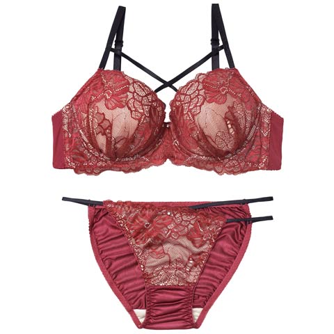 2/16新作!【EFサイズ】クラッシーレースコードブラジャー&フルバックショーツ[推し](ベリー-E65/ショーツM)