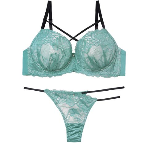 2/16新作!【EFサイズ】【Tバック】クラッシーレースコードブラジャー&Tバックショーツ[推し](グリーン-E65/ショーツM)