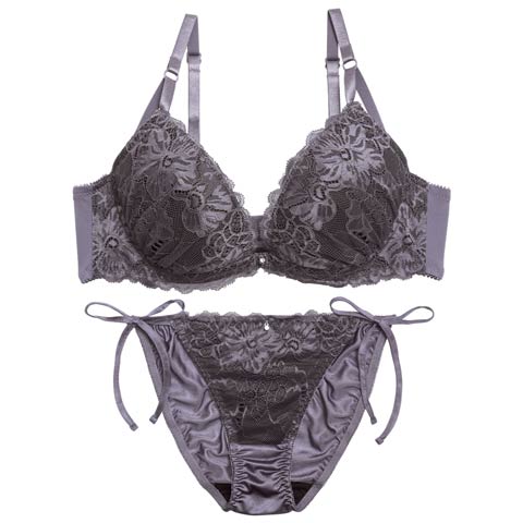 12/19新作!【三上悠亜着用】ロマンスフラワーレースブラジャー&サイド紐フルバックショーツ[推し][人気](チャコール-A70/ショーツM)