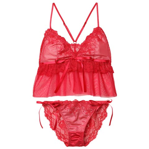 2/4新作!【ノンワイヤー】フェアリーフルールレーシィブラジャー&サイド紐バック透けフルバックショーツ[推し](レッド-S)