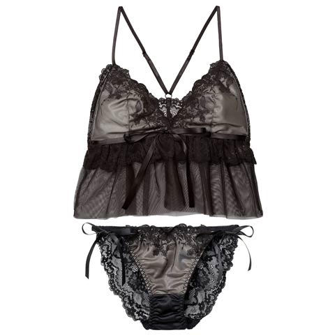 2/4新作!【ノンワイヤー】フェアリーフルールレーシィブラジャー&サイド紐バック透けフルバックショーツ[推し](ブラック-S)