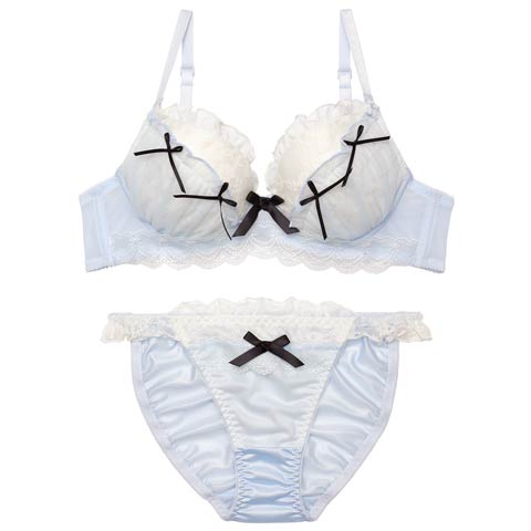 2/27新作!ドーリーリボンフリルブラジャー&フルバックショーツ[推し](サックス-A70/ショーツM)