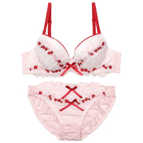 9/17新作!【EFサイズ】スウィートリボンフルーレットブラジャー&フルバックショーツ[推し](ピンク-E65/ショーツM)