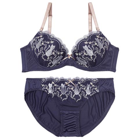 9/10新作!フェアリーキャットスカラップブラジャー&フルバックショーツ[推し][人気](ネイビー-B65/ショーツM)