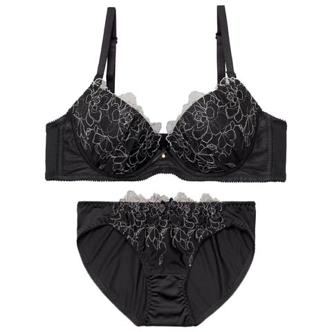 3/4新作!ルミナスフラワーレースブラジャー&フルバックショーツ[推し][人気](ブラック-B65/ショーツM)