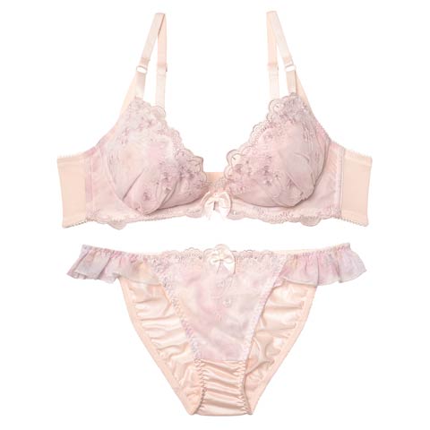 ロマンティックフルールシフォンブラジャー&フルバックショーツ(ピンク-B65/ショーツM)