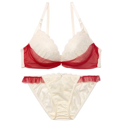 1/12新作!【EFサイズ】【かとゆり着用】ドレープリボンチュールブラジャー&フルバックショーツ[推し](レッド-E65/ショーツM)