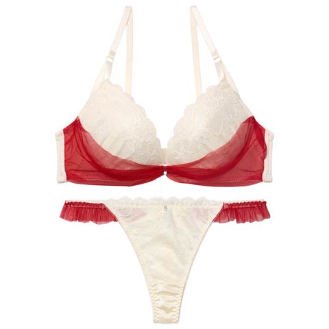 1/12新作!【EFサイズ】【Tバック】【かとゆり着用】ドレープリボンチュールブラジャー&Tバックショーツ[推し](レッド-E65/ショーツM)