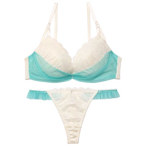 1/12新作!【EFサイズ】【Tバック】【かとゆり着用】ドレープリボンチュールブラジャー&Tバックショーツ[推し](エメラルドグリーン-E65/ショーツM)