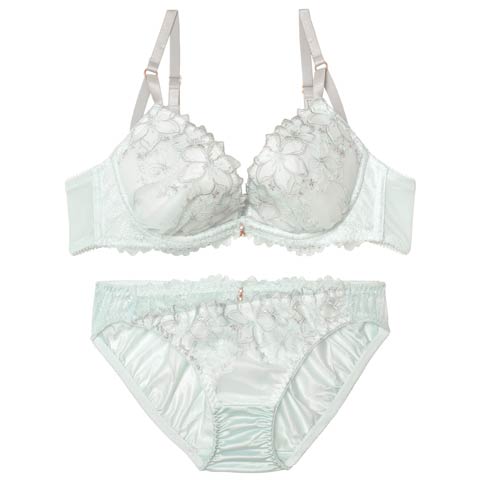 12/19新作!【EFサイズ】ミルキーシャインフラワーブラジャー&フルバックショーツ[推し](ミント-E65/ショーツM)