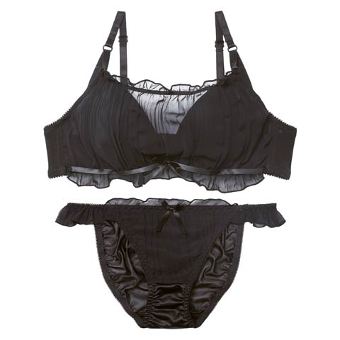 11/14新作!フラッフィーシフォンフリルブラジャー&フルバックショーツ[推し](ブラック-B65/ショーツM)