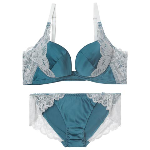4/24新作!クラッシーサテンレース育乳脇高ブラジャー&フルバックショーツ[推し](グリーン-B65/ショーツM)