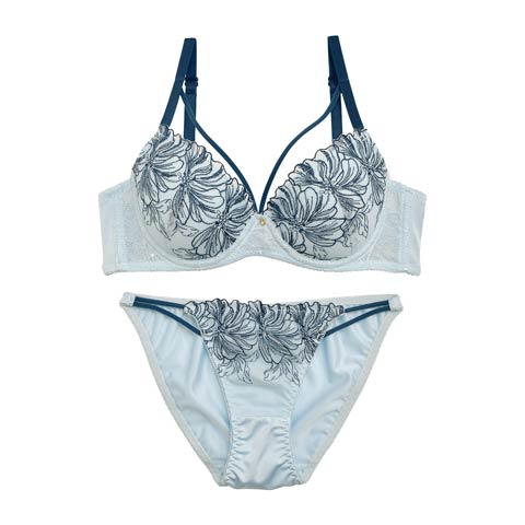 バイカラーフラワーエンブロイダリーブラジャー&フルバックショーツ(サックス-A65/ショーツM)