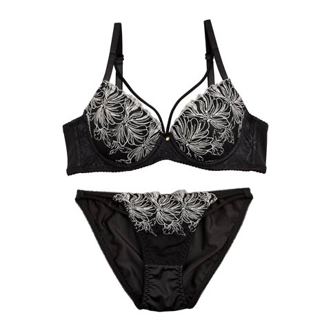 バイカラーフラワーエンブロイダリーブラジャー&フルバックショーツ(ブラック-A65/ショーツM)