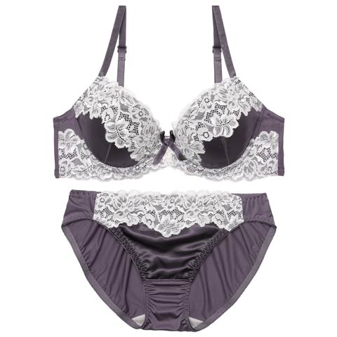 10/6新作!シルキーサテンレースブラジャー&フルバックショーツ[推し][人気](パープル-A65/ショーツM)