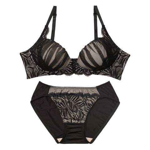 10/3新作!【ノンワイヤー】グレイスチュールレース育乳脇高ブラジャー&フルバックショーツ[推し][人気](ブラック-S)