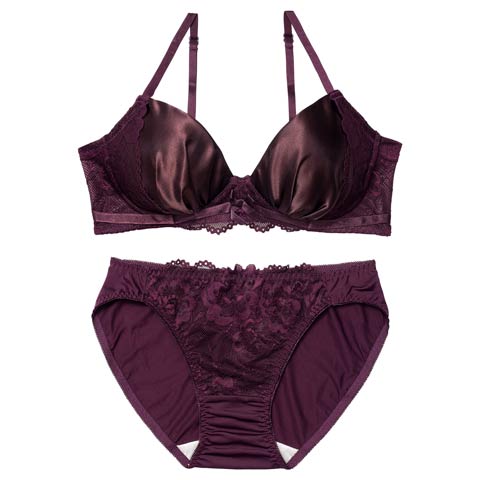 12/8新作!【ノンワイヤー】トワイライトサテンレースブラジャー&フルバックショーツ[推し][人気](パープル-S)