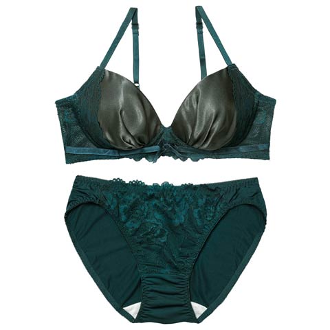 12/8新作!【ノンワイヤー】トワイライトサテンレースブラジャー&フルバックショーツ[推し][人気](グリーン-S)