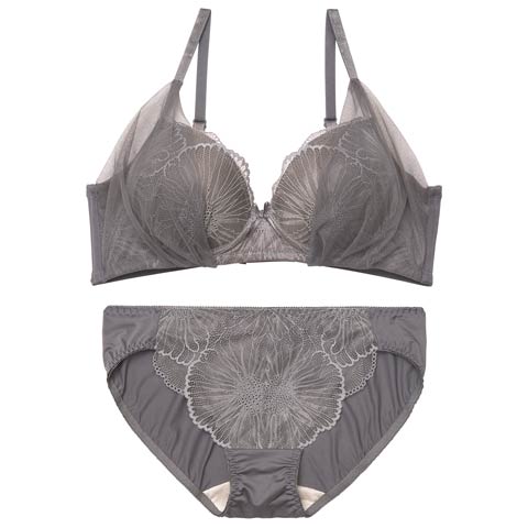 4/3新作!【ノンワイヤー】カームフラワーレースブラジャー&フルバックショーツ[推し](グレー-S)