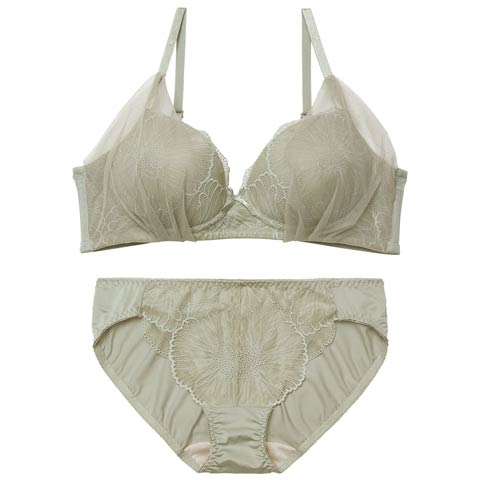 4/3新作!【ノンワイヤー】カームフラワーレースブラジャー&フルバックショーツ[推し](グリーン-S)